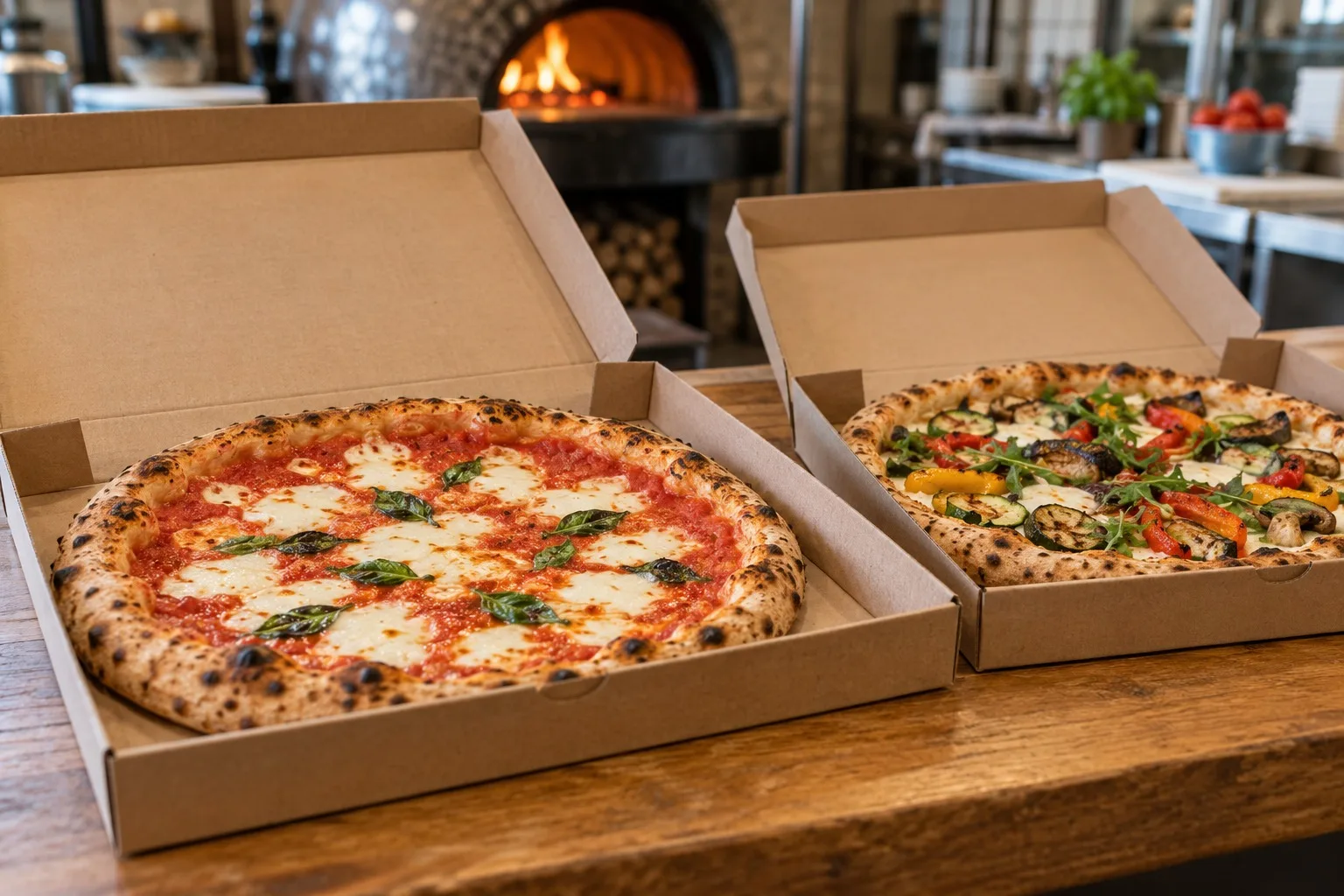 Zwei unterschiedlich belegte Pizzen in geöffneten neutralen Abholkartons